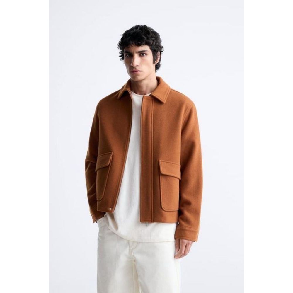 Zara Wool Blend Jacket XL Rust Orange Chore Coat Zip Minimalist Boxy Utilitarian